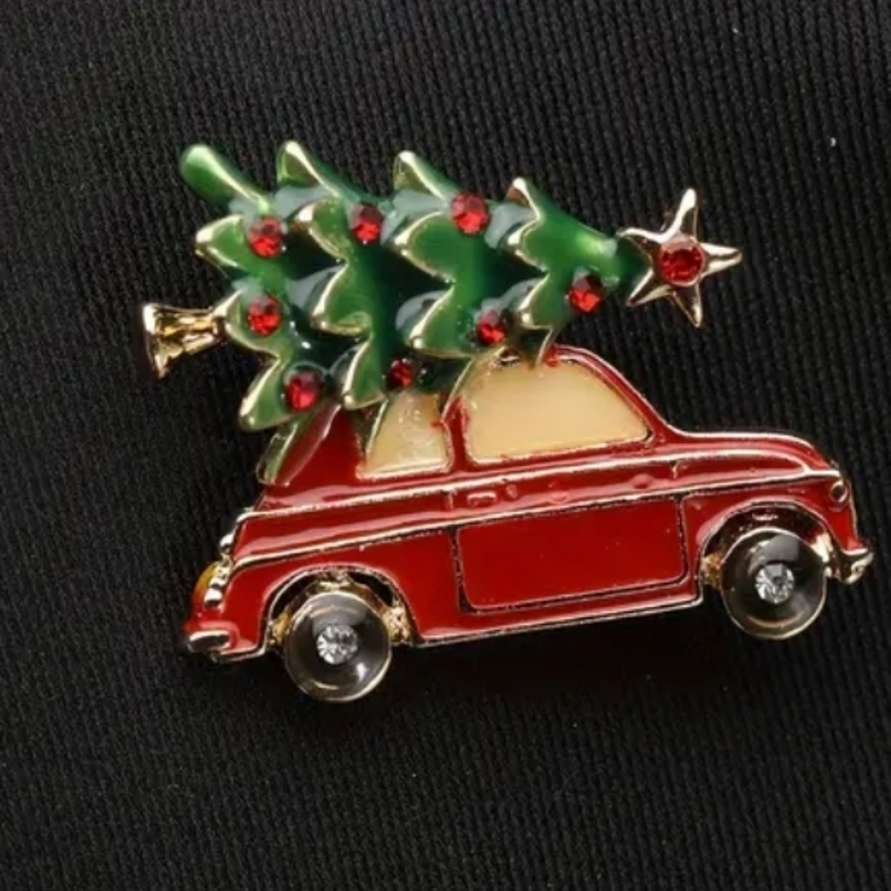 Brooch Car with Christmas tree on top red car
